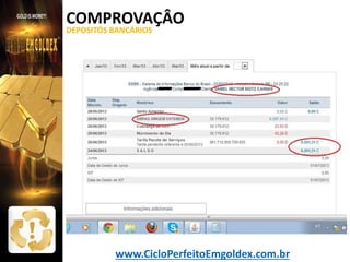 COMPROVAÇÂO
DEPOSITÓS BANCÁRIOS

www.CicloPerfeitoEmgoldex.com.br

 