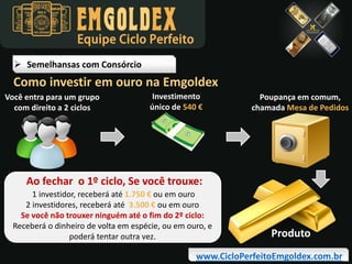 Equipe Ciclo Perfeito
 Semelhansas com Consórcio

Como investir em ouro na Emgoldex
Você entra para um grupo
com direito a 2 ciclos

Investimento
único de 540 €

Poupança em comum,
chamada Mesa de Pedidos

Ao fechar o 1º ciclo, Se você trouxe:
1 investidor, receberá até 1.750 € ou em ouro
2 investidores, receberá até 3.500 € ou em ouro
Se você não trouxer ninguém até o fim do 2º ciclo:
Receberá o dinheiro de volta em espécie, ou em ouro, e
poderá tentar outra vez.

Produto

www.CicloPerfeitoEmgoldex.com.br

 
