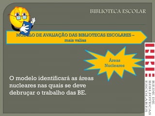 MODELO DE AVALIAÇÃO DAS BIBLIOTECAS ESCOLARES –
mais valias
Áreas
Nucleares
O modelo identificará as áreas
nucleares nas quais se deve
debruçar o trabalho das BE.
 