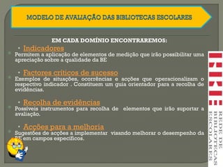 EM CADA DOMÍNIO ENCONTRAREMOS:
• Indicadores
Permitem a aplicação de elementos de medição que irão possibilitar uma
apreciação sobre a qualidade da BE
• Factores críticos de sucesso
Exemplos de situações, ocorrências e acções que operacionalizam o
respectivo indicador . Constituem um guia orientador para a recolha de
evidências.
• Recolha de evidências
Possíveis instrumentos para recolha de elementos que irão suportar a
avaliação.
• Acções para a melhoria
Sugestões de acções a implementar visando melhorar o desempenho da
BE em campos específicos.
 