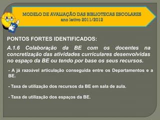 PONTOS FORTES IDENTIFICADOS:
A.1.6 Colaboração da BE com os docentes na
concretização das atividades curriculares desenvolvidas
no espaço da BE ou tendo por base os seus recursos.
- A já razoável articulação conseguida entre os Departamentos e a
BE.
- Taxa de utilização dos recursos da BE em sala de aula.
- Taxa de utilização dos espaços da BE.
 