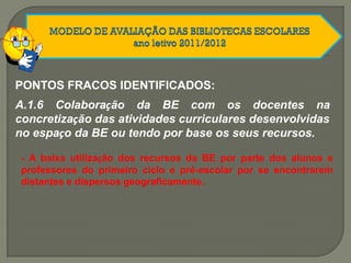 PONTOS FRACOS IDENTIFICADOS:
A.1.6 Colaboração da BE com os docentes na
concretização das atividades curriculares desenvolvidas
no espaço da BE ou tendo por base os seus recursos.
- A baixa utilização dos recursos da BE por parte dos alunos e
professores do primeiro ciclo e pré-escolar por se encontrarem
distantes e dispersos geograficamente.
 