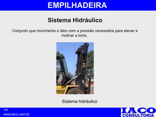 106
www.iaco.com.br
EMPILHADEIRA
Sistema hidráulico
Sistema Hidráulico
Conjunto que movimenta o óleo com a pressão necessária para elevar e
inclinar a torre.
 