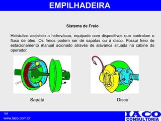 109
www.iaco.com.br
EMPILHADEIRA
Disco
Sapata
Sistema de Freio
Hidráulico assistido a hidrovácuo, equipado com dispositivos que controlam o
fluxo de óleo. Os freios podem ser de sapatas ou à disco. Possui freio de
estacionamento manual acionado através de alavanca situada na cabine do
operador.
 