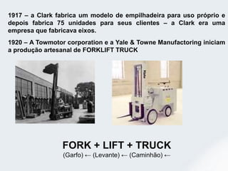 1917 – a Clark fabrica um modelo de empilhadeira para uso próprio e
depois fabrica 75 unidades para seus clientes – a Clark era uma
empresa que fabricava eixos.
1920 – A Towmotor corporation e a Yale & Towne Manufactoring iniciam
a produção artesanal de FORKLIFT TRUCK
FORK + LIFT + TRUCK
(Garfo) ← (Levante) ← (Caminhão) ←
 