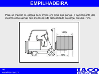 145
www.iaco.com.br
EMPILHADEIRA
Para se manter as cargas bem firmes em cima dos garfos, o comprimento dos
mesmos deve atingir pelo menos 3/4 da profundidade da carga, ou seja, 75%.
 