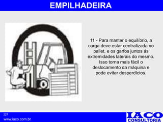 227
www.iaco.com.br
EMPILHADEIRA
11 - Para manter o equilíbrio, a
carga deve estar centralizada no
pallet, e os garfos juntos ás
extremidades laterais do mesmo.
Isso torna mais fácil o
deslocamento da máquina e
pode evitar desperdícios.
 