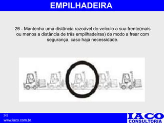 242
www.iaco.com.br
EMPILHADEIRA
26 - Mantenha uma distância razoável do veículo a sua frente(mais
ou menos a distância de três empilhadeiras) de modo a frear com
segurança, caso haja necessidade.
 