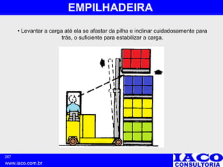 267
www.iaco.com.br
EMPILHADEIRA
• Levantar a carga até ela se afastar da pilha e inclinar cuidadosamente para
trás, o suficiente para estabilizar a carga.
 