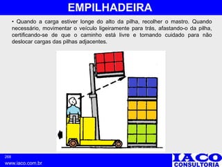 268
www.iaco.com.br
EMPILHADEIRA
• Quando a carga estiver longe do alto da pilha, recolher o mastro. Quando
necessário, movimentar o veículo ligeiramente para trás, afastando-o da pilha,
certificando-se de que o caminho está livre e tomando cuidado para não
deslocar cargas das pilhas adjacentes.
 