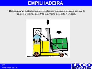 269
www.iaco.com.br
EMPILHADEIRA
• Baixar a carga cuidadosamente e uniformemente até a posição correta de
percurso, inclinar para trás totalmente antes de ir embora.
 