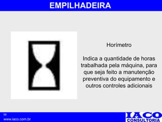 56
www.iaco.com.br
EMPILHADEIRA
Horímetro
Indica a quantidade de horas
trabalhada pela máquina, para
que seja feito a manutenção
preventiva do equipamento e
outros controles adicionais
 