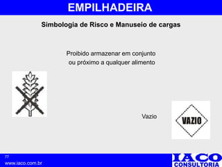 77
www.iaco.com.br
EMPILHADEIRA
Simbologia de Risco e Manuseio de cargas
Proibido armazenar em conjunto
ou próximo a qualquer alimento
Vazio
 