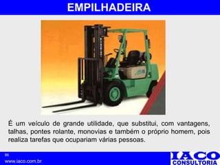 86
www.iaco.com.br
EMPILHADEIRA
É um veículo de grande utilidade, que substitui, com vantagens,
talhas, pontes rolante, monovias e também o próprio homem, pois
realiza tarefas que ocupariam várias pessoas.
 