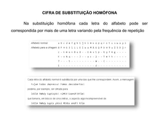 CIFRA DE SUBSTITUIÇÃO HOMÓFONA
Na substituição homófona cada letra do alfabeto pode ser
correspondida por mais de uma letra variando pela frequência de repetição
 