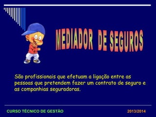 São profissionais que efetuam a ligação entre as
pessoas que pretendem fazer um contrato de seguro e
as companhias seguradoras.
CURSO TÉCNICO DE GESTÃO 2013/2014
 