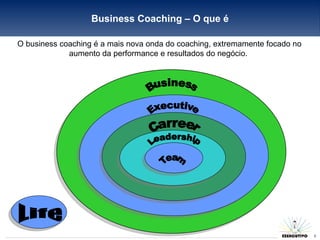 Business Coaching – O que é O business coaching é a mais nova onda do coaching, extremamente focado no aumento da performance e resultados do negócio.  Life Executive Business Carreer Leadership Team 