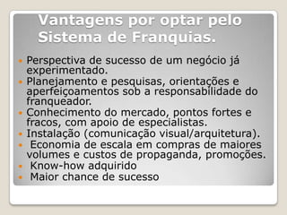 Vantagens por optar pelo
      Sistema de Franquias.
   Perspectiva de sucesso de um negócio já
    experimentado.
   Planejamento e pesquisas, orientações e
    aperfeiçoamentos sob a responsabilidade do
    franqueador.
   Conhecimento do mercado, pontos fortes e
    fracos, com apoio de especialistas.
   Instalação (comunicação visual/arquitetura).
    Economia de escala em compras de maiores
    volumes e custos de propaganda, promoções.
    Know-how adquirido
    Maior chance de sucesso
 