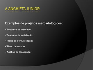 Exemplos de projetos mercadológicos:
Pesquisa de mercado:

Pesquisa de satisfação:

Plano de comunicação:

Plano de vendas:

Análise de localidade:
 