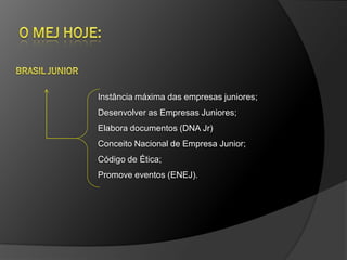 Instância máxima das empresas juniores;
Desenvolver as Empresas Juniores;
Elabora documentos (DNA Jr)
Conceito Nacional de Empresa Junior;
Código de Ética;
Promove eventos (ENEJ).
 