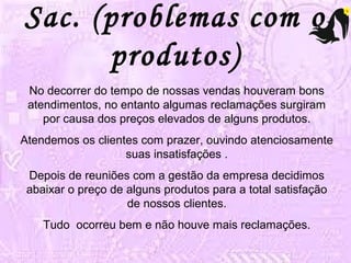 Sac. (problemas com o 
produtos) 
No decorrer do tempo de nossas vendas houveram bons 
atendimentos, no entanto algumas reclamações surgiram 
por causa dos preços elevados de alguns produtos. 
Atendemos os clientes com prazer, ouvindo atenciosamente 
suas insatisfações . 
Depois de reuniões com a gestão da empresa decidimos 
abaixar o preço de alguns produtos para a total satisfação 
de nossos clientes. 
Tudo ocorreu bem e não houve mais reclamações. 
 