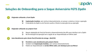 1
2
—
Soluções de Onboarding para o Saque Aniversário FGTS Zipdin
Originador utilizando o Front Zipdin
❏ Implantação Imediata, sem nenhum desenvolvimento, só acessar o sistema e iniciar a operação
❏ O atendente da Zipdin ou do Parceiro auxilia o Cliente na execução da sua operação
Originador utilizando seu próprio Front
❏ Requer adaptação do Front do Parceiro e desenvolvimento das APIs para interface com a Zipdin
❏ Na formalização da operação tem a opção de ser disponibilizado em White Label
Auto Atendimento pelo cliente final (Previsão de entrega - Abril/22)
❏ Permitirá o auto atendimento pelo próprio Cliente
❏ Também terá Implantação Imediata, sem nenhum desenvolvimento
❏ Poderá ser disponibilizado na versão White Label, com destaque para sua Marca!
3
5
 