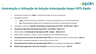 —
Contratação e Utilização da Solução Antecipação Saque FGTS Zipdin
1. Assinatura de Contrato com a Zipdin + recebimento de logins de acesso e treinamento
2. Divulgação do produto:
a. Dívida: Envio de ofertas para os devedores e convite para simulação com sua central de atendimento
b. CDC: Disponibilização de tablets para os vendedores e/ou quiosques de atendimento do produto
3. Orientação ao cliente para Adesão e Autorização ao Saque Aniversário FGTS - via APP Caixa - Slide 7
4. Simulação da Operação Antecipação Saque FGTS - Front Zipdin - Slides 8 e 9
5. Cliente realiza a Formalização da Operação por SMS - ZipSign - Slides 10 e 11
6. Zipdin confere a operação e informa o status na plataforma - SLA máximo de 30 minutos
7. Acompanhamento de Status das operações Saque FGTS para liberação do produto ou baixa da dívida - Slide 12
8. Zipdin realiza a liquidação da operação na conta da loja ou credor em D+1
9. Acompanhamento de Status das operações Saque FGTS para conciliação das operações diárias - Slide 12
10. Relatório para pagamento mensal das comissões via emissão de NF pelo Parceiro - Slide 13
7
 
