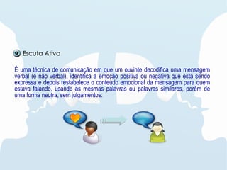 É uma técnica de comunicação em que um ouvinte decodifica uma mensagem
verbal (e não verbal), identifica a emoção positiva ou negativa que está sendo
expressa e depois restabelece o conteúdo emocional da mensagem para quem
estava falando, usando as mesmas palavras ou palavras similares, porém de
uma forma neutra, sem julgamentos.
Escuta Ativa
 