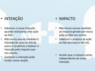 • INTENÇÃO
• Sabemos a nossa intenção
quando realizamos uma ação
ou fala.
• Não temos acesso imediato à
intenção da ação ou fala do
outro e tendemos a deduzir a
intenção pelo impacto que
nos causou.
• Conhecer a intenção pode
mudar nossa reação
• IMPACTO
• Não temos acesso imediato
ao impacto gerado por nossa
ação ou fala nos outros.
• Sabemos o impacto da ação
ou fala dos outros em nós.
• Aceitar que o impacto existe,
independente de nossa
intenção.
 