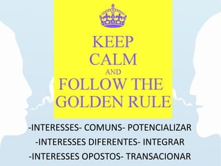 -INTERESSES- COMUNS- POTENCIALIZAR
-INTERESSES DIFERENTES- INTEGRAR
-INTERESSES OPOSTOS- TRANSACIONAR
 