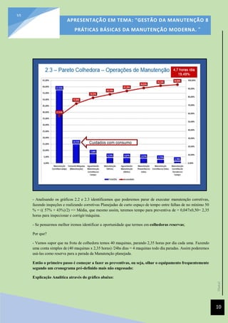 [Data]
APRESENTAÇÃO EM TEMA: "GESTÃO DA MANUTENÇÃO 8
PRÁTICAS BÁSICAS DA MANUTENÇÃO MODERNA. ”
10
10
- Analisando os gráficos 2.2 e 2.3 identificamos que poderemos parar de executar manutenção corretivas,
fazendo inspeções e realizando corretivas Planejadas de curto espaço de tempo entre falhas de no mínimo 50
% = (( 57% + 43%)/2) => Média, que mesmo assim, teremos tempo para preventiva de = 0,047x0,50= 2,35
horas para inspecionar e corrigir/máquina.
- Se pensarmos melhor iremos identificar a oportunidade que termos em colhedoras reservas;
Por que?
- Vamos supor que na frota de colhedora temos 40 maquinas, parando 2,35 horas por dia cada uma. Fazendo
uma conta simples de (40 maquinas x 2,35 horas) /24hs dias = 4 maquinas todo dia paradas. Assim poderemos
usá-las como reserva para a parada da Manutenção planejada.
Então o primeiro passo é começar a fazer as preventivas, ou seja, olhar o equipamento frequentemente
segundo um cronograma pré-definido mais não engessado:
Explicação Analítica através do gráfico abaixo:
 