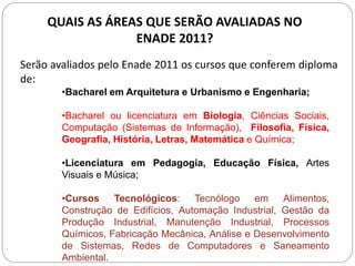 QUAIS AS ÁREAS QUE SERÃO AVALIADAS NO
                  ENADE 2011?
Serão avaliados pelo Enade 2011 os cursos que conferem diploma
de:
        •Bacharel em Arquitetura e Urbanismo e Engenharia;

        •Bacharel ou licenciatura em Biologia, Ciências Sociais,
        Computação (Sistemas de Informação), Filosofia, Física,
        Geografia, História, Letras, Matemática e Química;

        •Licenciatura em Pedagogia, Educação Física, Artes
        Visuais e Música;

        •Cursos    Tecnológicos:    Tecnólogo    em    Alimentos,
        Construção de Edifícios, Automação Industrial, Gestão da
        Produção Industrial, Manutenção Industrial, Processos
        Químicos, Fabricação Mecânica, Análise e Desenvolvimento
        de Sistemas, Redes de Computadores e Saneamento
        Ambiental.
 