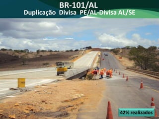 xx% realizados42% realizados
BR-101/AL
Duplicação Divisa PE/AL-Divisa AL/SE
 