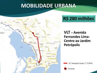 MOBILIDADE URBANA
R$ 280 milhões
VLT – Avenida
Fernandes Lima-
Centro ao Jardim
Petrópolis
 