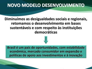 Diminuímos as desigualdades sociais e regionais,
retomamos o desenvolvimento em bases
sustentáveis e com respeito às instituições
democráticas
Brasil é um país de oportunidades, com estabilidade
econômica, mercado consumidor em expansão e
políticas de apoio aos investimentos e à inovação
NOVO MODELO DESENVOLVIMENTO
 