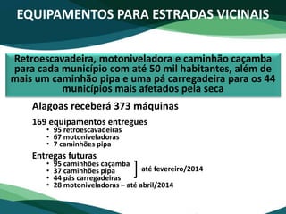 Alagoas receberá 373 máquinas
169 equipamentos entregues
• 95 retroescavadeiras
• 67 motoniveladoras
• 7 caminhões pipa
Entregas futuras
• 95 caminhões caçamba
• 37 caminhões pipa
• 44 pás carregadeiras
• 28 motoniveladoras – até abril/2014
EQUIPAMENTOS PARA ESTRADAS VICINAIS
Retroescavadeira, motoniveladora e caminhão caçamba
para cada município com até 50 mil habitantes, além de
mais um caminhão pipa e uma pá carregadeira para os 44
municípios mais afetados pela seca
até fevereiro/2014
 