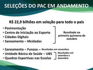 SELEÇÕES DO PAC EM ANDAMENTO
• Pavimentação
• Centro de Iniciação ao Esporte
• Cidades Digitais
• Saneamento – Mcidades
• Saneamento – Funasa – Resultados em novembro
• Unidade Básica de Saúde – UBS
• Quadras Esportivas nas Escolas
R$ 22,9 bilhões em seleção para todo o país
Resultado na
primeira quinzena de
outubro
Resultados em
setembro e
dezembro
 