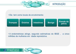  Embora  esteja localizada na parte externa do útero, a endometriose é susceptível á ação dos hormônios e, a cada ciclo menstrual provoca grande incômodo e dor na cavidade abdominal.INTRODUÇÃOEla  tem como locais de envolvimento: