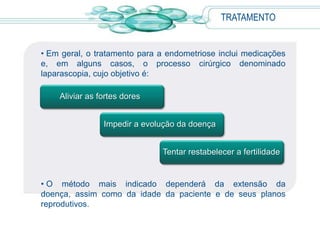 TRATAMENTO
• Em geral, o tratamento para a endometriose inclui medicações
e, em alguns casos, o processo cirúrgico denominado
laparascopia, cujo objetivo é:
• O método mais indicado dependerá da extensão da
doença, assim como da idade da paciente e de seus planos
reprodutivos.
Aliviar as fortes dores
Impedir a evolução da doença
Tentar restabelecer a fertilidade
 