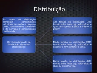 As redes de distribuição
alimentam consumidores
industriais de médio e pequeno
porte, consumidores comerciais
e de serviços e consumidores
residenciais.
Os níveis de tensão de
distribuição são assim
classificados:
Alta tensão de distribuição (AT):
tensão entre fases cujo valor eficaz é
igual ou superior a 69kV e inferior a
230kV.
Média tensão de distribuição (MT):
tensão entre fases cujo valor eficaz é
superior a 1kV e inferior a 69kV..
Baixa tensão de distribuição (BT):
tensão entre fases cujo valor eficaz é
igual ou inferior a 1kV.
Distribuição
 