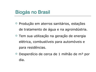 Biogás no Brasil

   Produção em aterros sanitários, estações
    de tratamento de água e na agroindústria.
   Tem sua utilização na geração de energia
    elétrica, combustíveis para automóveis e
    para residências.
   Desperdício de cerca de 1 milhão de m³ por
    dia.
 