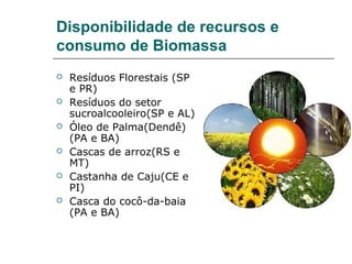 Disponibilidade de recursos e
consumo de Biomassa
   Resíduos Florestais (SP
    e PR)
   Resíduos do setor
    sucroalcooleiro(SP e AL)
   Óleo de Palma(Dendê)
    (PA e BA)
   Cascas de arroz(RS e
    MT)
   Castanha de Caju(CE e
    PI)
   Casca do cocô-da-baia
    (PA e BA)
 