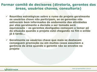 Avaliação da prontidão para o ERP Prontidão no Gerenciamento de ProjetosProntidão no Gerenciamento da mudançaProntidão OrganizacionalVISÃO e METASSISTEMAS e PROCESSOSCULTURA e ESTRUTURAPESSOASPROJETO. Patrocínio do Projeto. Alocação de Recursos. Atribuição de Responsabilidades. Equipe do Projeto. Escopo do Projeto. Visão da Implementação do ERP. Missão e metas do ERP. Cultura. Mecanismos de Decisão. Estrutura Organizacional. Comunicação. Sistemas existente. Processos existentes. Alta direção. PessoalRazmi et al. (2009)