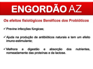 ENGORDÃO AZ
Os efeitos fisiológicos Benéficos dos Probióticos
 Previne infecções fúngicas;
 Ajuda na produção de antibióticos naturais e tem um efeito
imuno-estimulante;
 Melhora a digestão e absorção dos
nomeadamente das proteínas e da lactose.

nutrientes,

 
