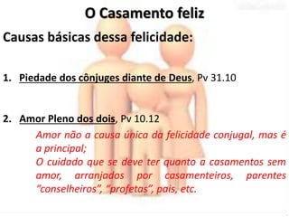 O Casamento feliz 
Causas básicas dessa felicidade: 
1. Piedade dos cônjuges diante de Deus, Pv 31.10 
2. Amor Pleno dos dois, Pv 10.12 
Amor não a causa única da felicidade conjugal, mas é 
a principal; 
O cuidado que se deve ter quanto a casamentos sem 
amor, arranjados por casamenteiros, parentes 
“conselheiros”, “profetas”, pais, etc. 
 