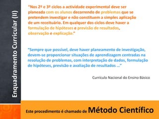 “Nos 2º e 3º ciclos a actividade experimental deve ser
                                 planeada com os alunos decorrendo de problemas que se
Enquadramento Curricular (II)    pretendem investigar e não constituem a simples aplicação
                                 de um receituário. Em qualquer dos ciclos deve haver a
                                 formulação de hipóteses e previsão de resultados,
                                 observação e explicação.”


                                “Sempre que possível, deve haver planeamento de investigação,
                                devem-se proporcionar situações de aprendizagem centradas na
                                resolução de problemas, com interpretação de dados, formulação
                                de hipóteses, previsão e avaliação de resultados …”

                                                                  Currículo Nacional do Ensino Básico




                                Este procedimento é chamado de   Método Científico
 