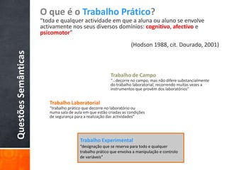 O que é o Trabalho Prático?
                      “toda e qualquer actividade em que a aluna ou aluno se envolve
                      activamente nos seus diversos domínios: cognitivo, afectivo e
                      psicomotor”
                                                                    (Hodson 1988, cit. Dourado, 2001)
Questões Semânticas




                                                         Trabalho de Campo
                                                         “…decorre no campo, mas não difere substancialmente
                                                         do trabalho laboratorial, recorrendo muitas vezes a
                                                         instrumentos que provêm dos laboratórios”


                         Trabalho Laboratorial
                         “trabalho prático que decorre no laboratório ou
                         numa sala de aula em que estão criadas as condições
                         de segurança para a realização das actividades”




                                         Trabalho Experimental
                                         “designação que se reserva para todo e qualquer
                                         trabalho prático que envolva a manipulação e controlo
                                         de variáveis”
 