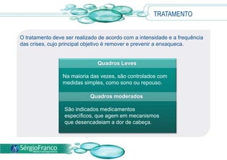 TRATAMENTO
O tratamento deve ser realizado de acordo com a intensidade e a frequência
das crises, cujo principal objetivo é remover e prevenir a enxaqueca.
Quadros Leves
Na maioria das vezes, são controlados com
medidas simples, como sono ou repouso.
Quadros moderados
São indicados medicamentos
específicos, que agem em mecanismos
que desencadeiam a dor de cabeça.
 