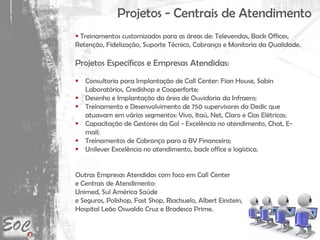 Projetos - Centrais de Atendimento
 Treinamentos customizados para as áreas de: Televendas, Back Offices,
Retenção, Fidelização, Suporte Técnico, Cobrança e Monitoria da Qualidade.
Projetos Específicos e Empresas Atendidas:
 Consultoria para Implantação de Call Center: Fian House, Sabin
Laboratórios, Credishop e Cooperforte;
 Desenho e Implantação da área de Ouvidoria da Infraero;
 Treinamento e Desenvolvimento de 750 supervisores da Dedic que
atuavam em vários segmentos: Vivo, Itaú, Net, Claro e Cias Elétricas;
 Capacitação de Gestores da Gol - Excelência no atendimento, Chat, E-
mail;
 Treinamentos de Cobrança para a BV Financeira;
 Unilever Excelência no atendimento, back office e logística.
Outras Empresas Atendidas com foco em Call Center
e Centrais de Atendimento:
Unimed, Sul América Saúde
e Seguros, Polishop, Fast Shop, Riachuelo, Albert Einstein,
Hospital Leão Oswaldo Cruz e Bradesco Prime.
 