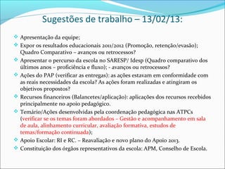 Sugestões de trabalho – 13/02/13:
 Apresentação da equipe;
 Expor os resultados educacionais 2011/2012 (Promoção, retenção/evasão);
    Quadro Comparativo – avanços ou retrocessos?
   Apresentar o percurso da escola no SARESP/ Idesp (Quadro comparativo dos
    últimos anos – proficiência e fluxo); - avanços ou retrocessos?
   Ações do PAP (verificar as entregas): as ações estavam em conformidade com
    as reais necessidades da escola? As ações foram realizadas e atingiram os
    objetivos propostos?
   Recursos financeiros (Balancetes/aplicação): aplicações dos recursos recebidos
    principalmente no apoio pedagógico.
   Temário/Ações desenvolvidas pela coordenação pedagógica nas ATPCs
    (verificar se os temas foram abordados – Gestão e acompanhamento em sala
    de aula, alinhamento curricular, avaliação formativa, estudos de
    temas/formação continuada);
   Apoio Escolar: RI e RC. – Reavaliação e novo plano do Apoio 2013.
   Constituição dos órgãos representativos da escola: APM, Conselho de Escola.
 